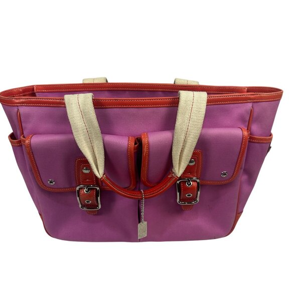 Coach Leatherware Tote Bag In Pink & Red With Multiple Pockets & Buckle Accents - Picture 1 of 15